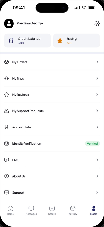 Tezly — profile, orders, trips and credits